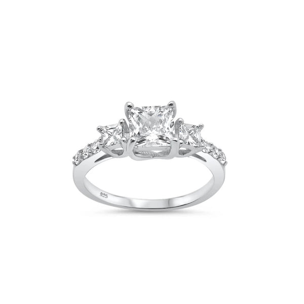 Princess Cut & Round Cubic Zirconia Sterling Silver Engagement Ring - 01SN17